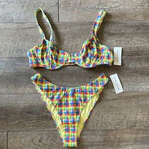 NWT PacSun Rainbow Plaid Underwire Bikini Top & High Waisted Bikini Bottoms Set